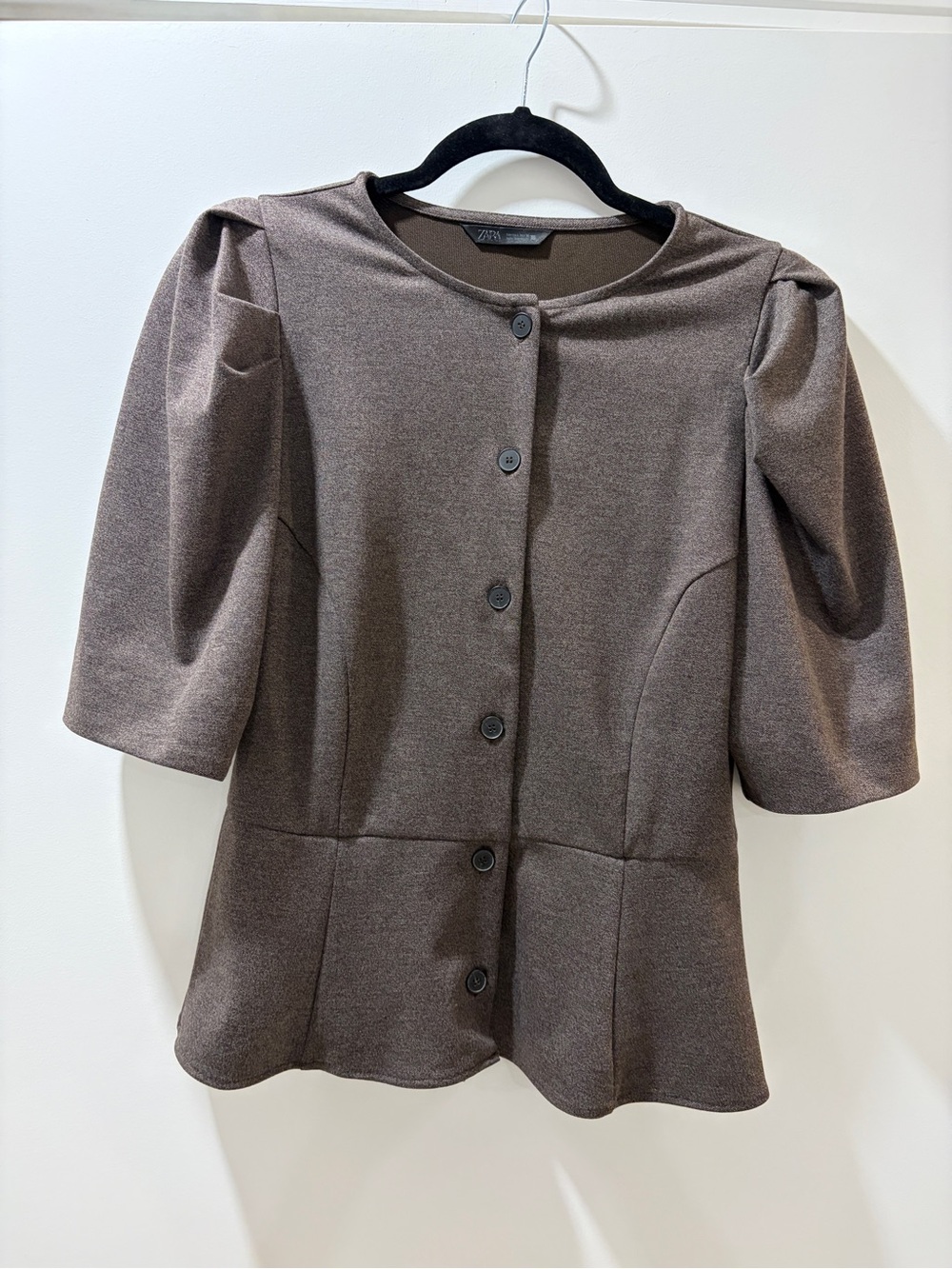 Zara Taupe Brown Button-Front Puff Sleeve Top
